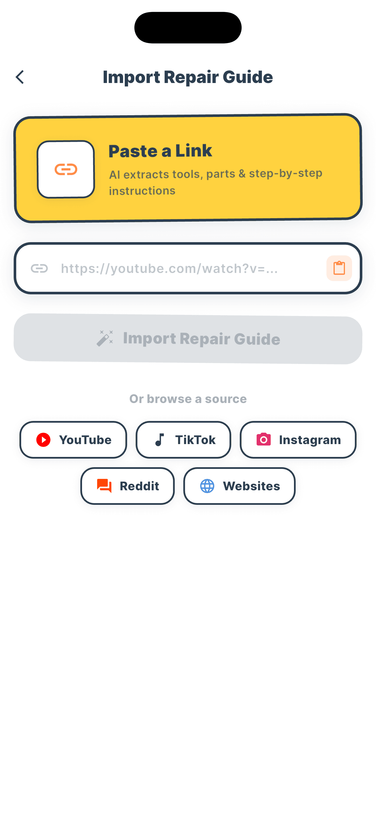 Fixable import screen showing how to paste a YouTube, TikTok, Instagram, Reddit or website link for AI repair guide generation