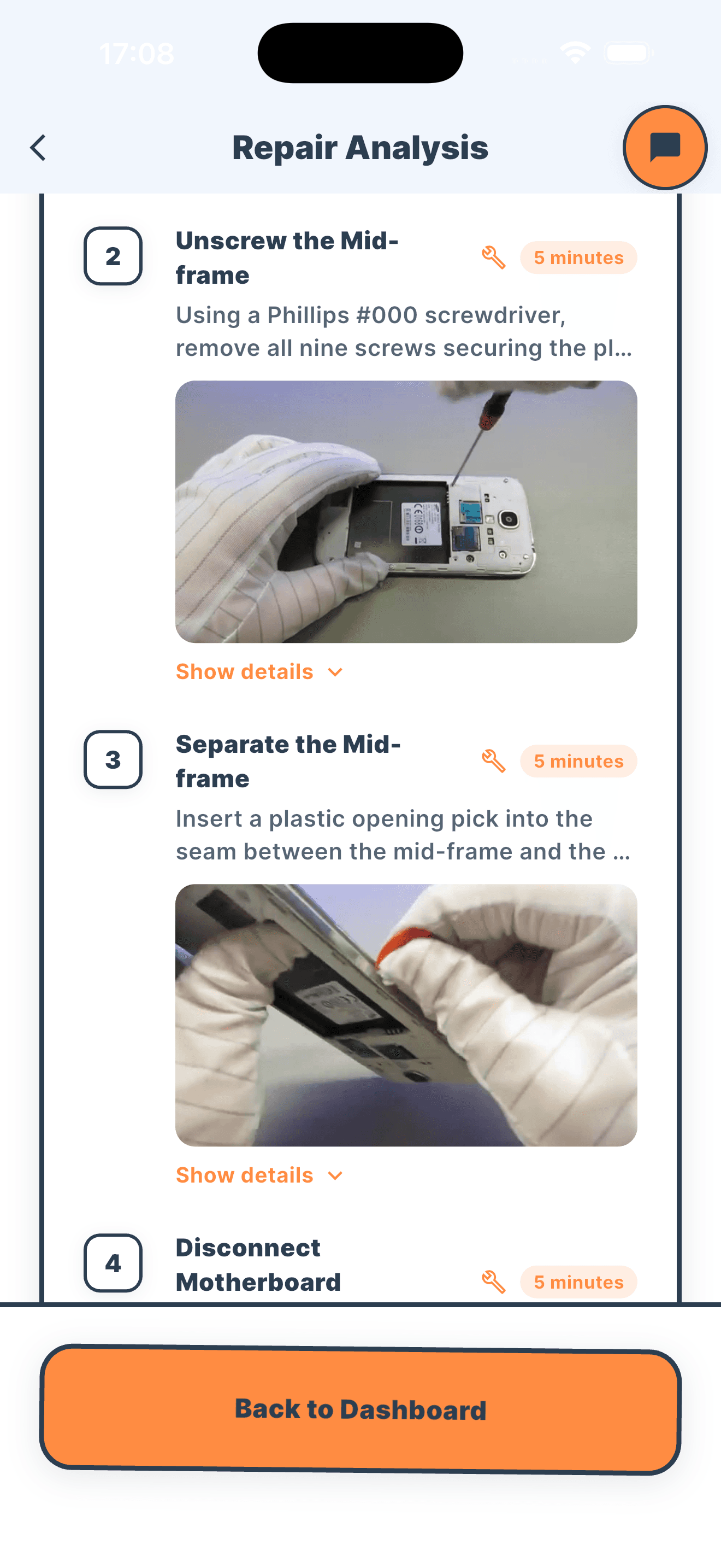 Fixable repair guide screen showing step-by-step instructions with images automatically extracted from the source video