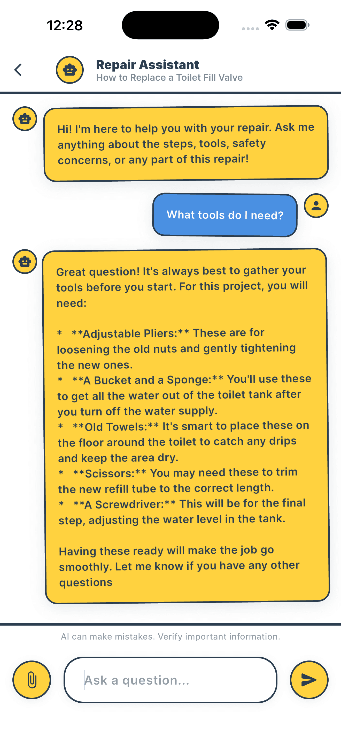AI chat support for asking follow-up questions and getting unstuck during your repair