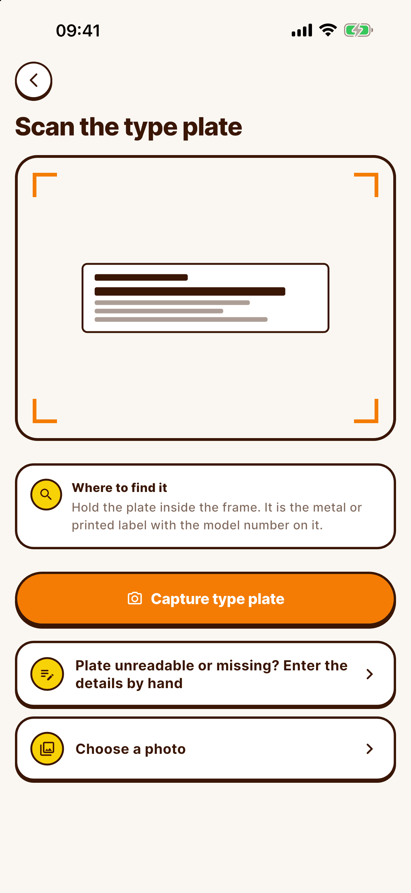 Type plate scanner that reads the model number so Fixable can find the operating manual for your appliance