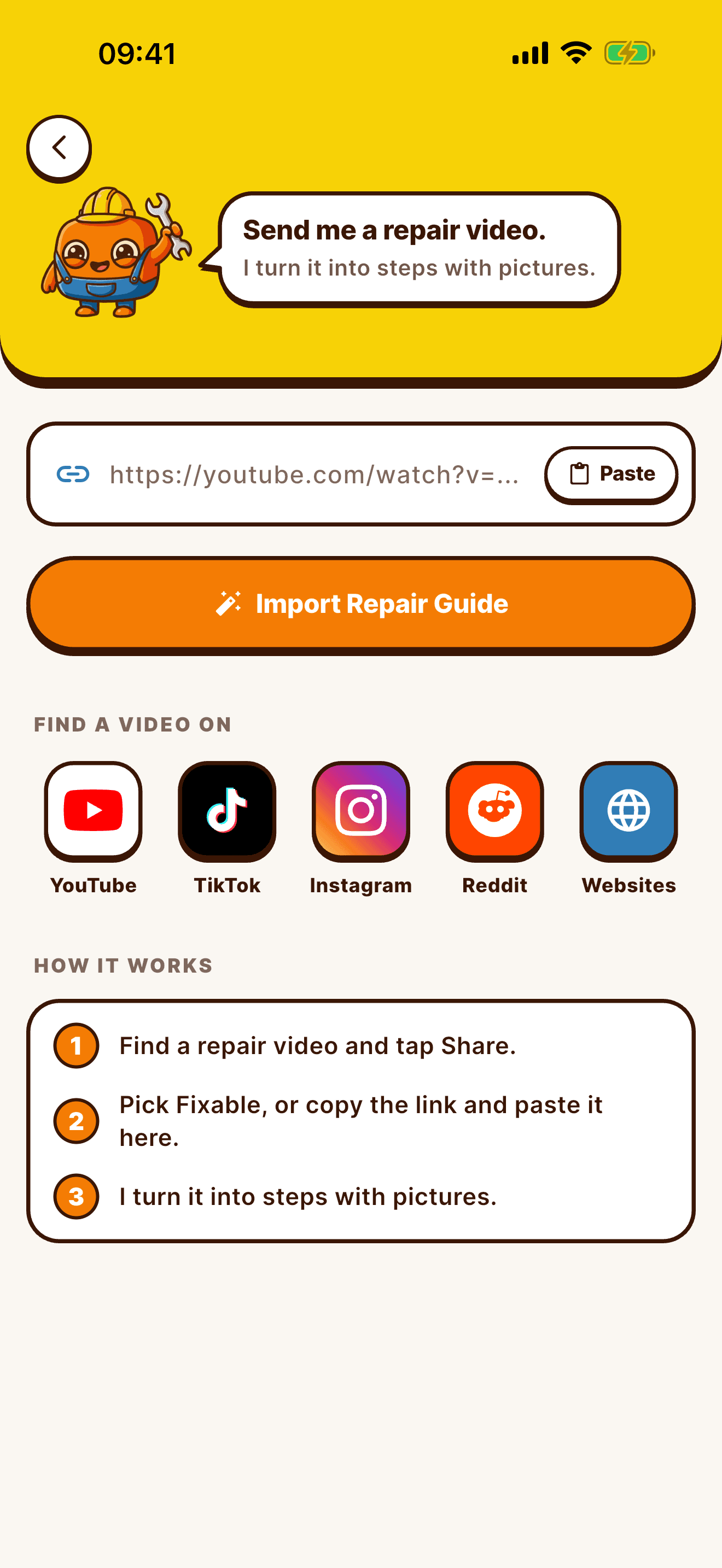 Fixable import screen where you paste a repair video link from YouTube, TikTok, Instagram, Reddit or any website