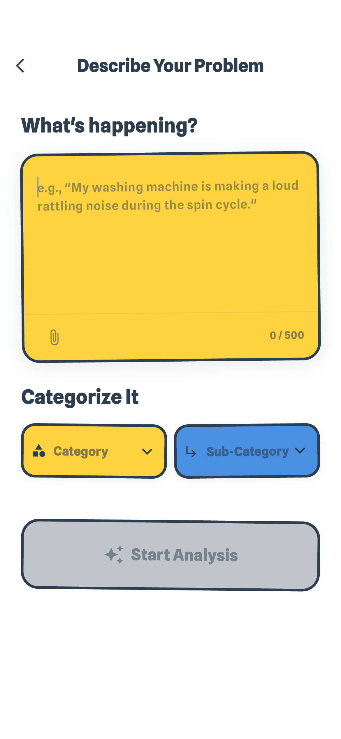 Create repair screen where users describe their broken item and upload photos for AI analysis